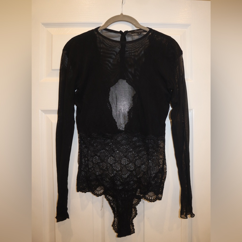Olivaceous Size M Sheer, Lace, Open-back Black Bodysuit